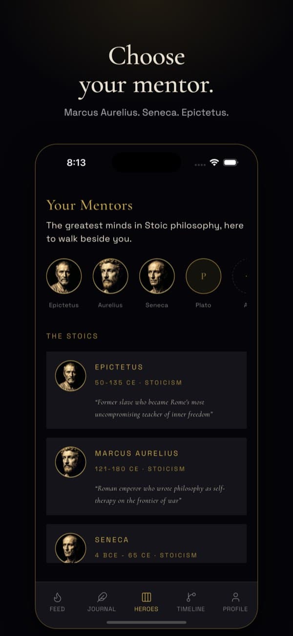 The three mentors: Marcus Aurelius, Seneca, and Epictetus.